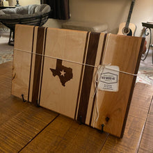 Load image into Gallery viewer, CHARCUTERIE BOARD: VERTICAL STRIPES TEXAS MAPLE WITH WALNUT INLAY