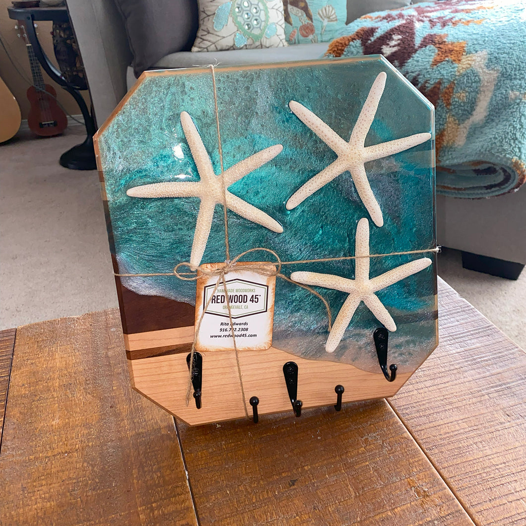 NAUTICAL KEY HOLDER BOARD: WALNUT AND MAPLE WITH RESIN AND STARFISH