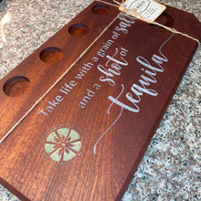 Load image into Gallery viewer, BOARD: TEQUILA BOARD WITH MATCHING SHOT GLASSES MAHOGANY #3
