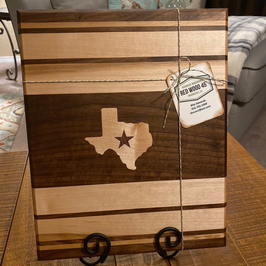 CHARCUTERIE BOARD: TEXAS WALNUT AND MAPLE WITH MAPLE INLAY